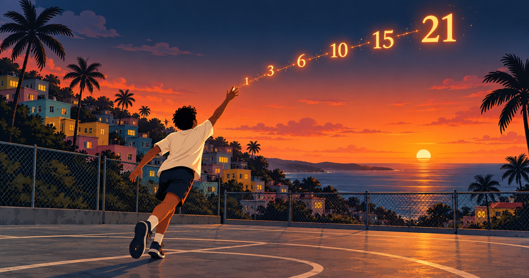 A kid on a court at sunset, arm raised, as his score climbs: 1, 3, 6, 10, 15, 21